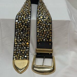 Vintage Michael Morrison MX Black Leather Studded Belt • Gold & Silver • 2.6" W